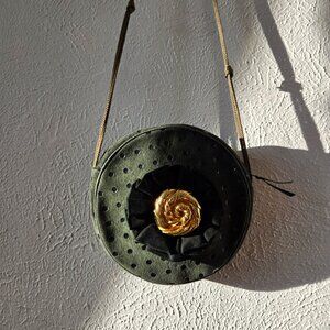 Lanvin – Vintage Round Suede Purse with Gold Rosette